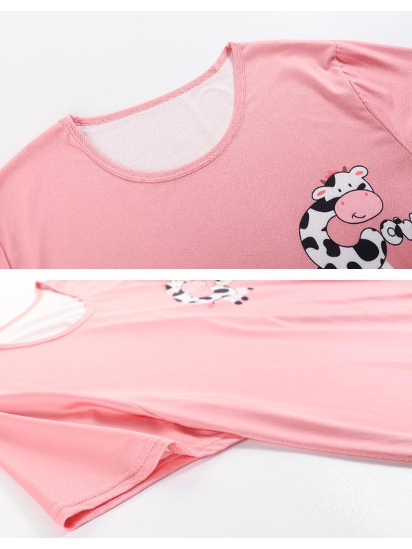  2 Counts Cow Print Tee & Shorts Pyjama Two-Piece Set, Casual Comfy Round Neck Short Sleeve T-shirt & Shorts PJ Set, Women Nightwear, Women's Sleepwear for All Seasons