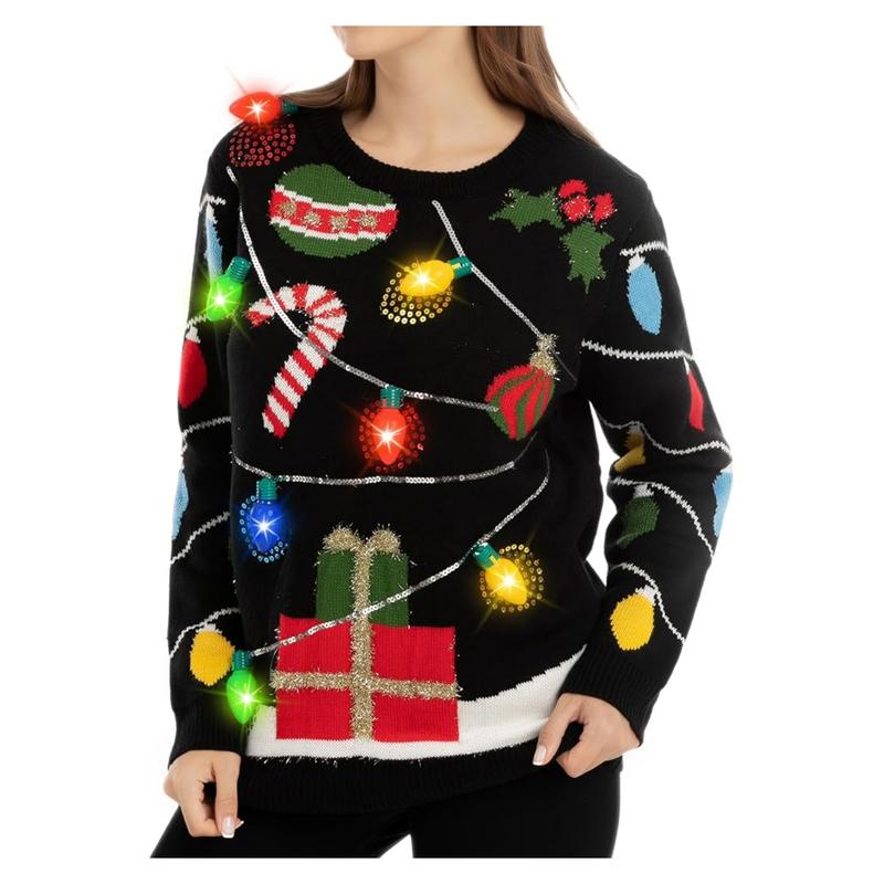 JOYIN Womens LED Light Up String Light Ugly Christmas Sweater with Light Bulb Pullover Sweater