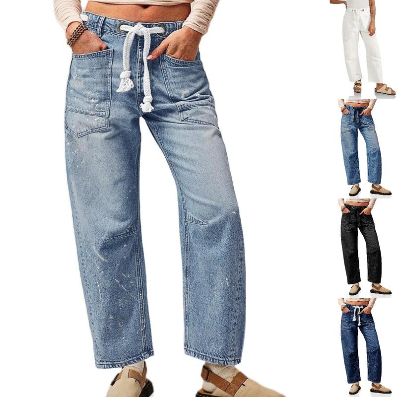 Goranbon Womens Baggy Barrel Horseshoe Jeans Wide Leg Drawstring Vintage Denim Pants with Front Pockets