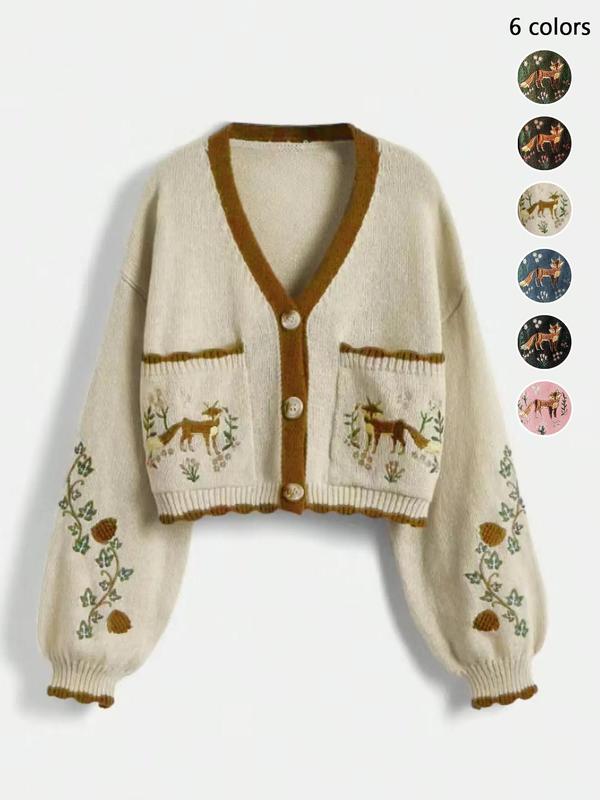 Women's Floral & Fox Embroidery Contrast Binding Cardigan, Fashion Scallop Trim Long Sleeve Pocket Knitwear, Fall Cardigan for Women, Back To School Women's Knit Clothing for Daily Wear