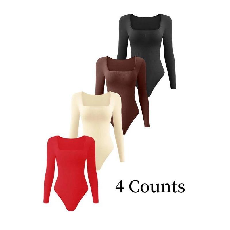 Women's Solid Square Neck Long Sleeve Shapewear Bodysuit, Casual Comfy Tummy Control Shaper for Daily Wear, Ladies Shapewear for All Seasons yoga  outfits