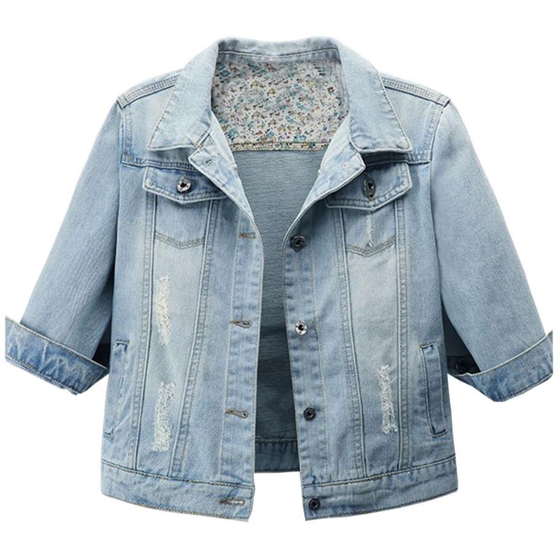 Hixiaohe Women’s 3 4 Sleeve Washed Denim Jackets Distressed Light Cropped Jean Jackets Coats Casual Womenswear