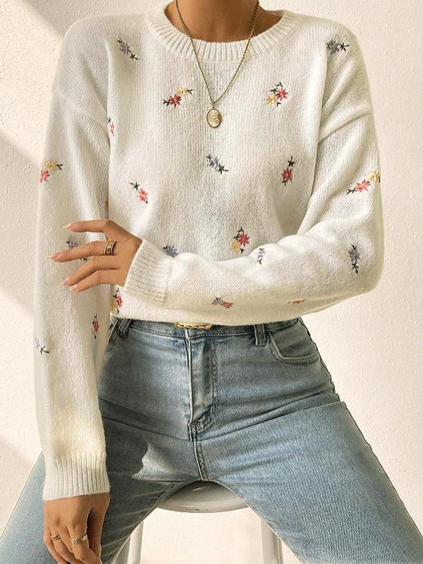 Women's Floral Embroidery Drop Shoulder Sweater,  Vintage Clothing,  Casual Long Sleeve Round Neck Jumper, Ladies' Knitwear for Daily Wear