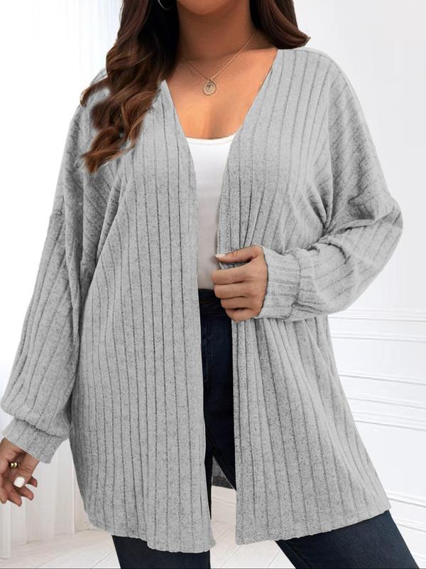  Solid Drop Shoulder Long Sleeve Cardigan, Casual Open Front Rib Cardigan for Fall & Winter, Women's Plus Clothing for Daily Wear