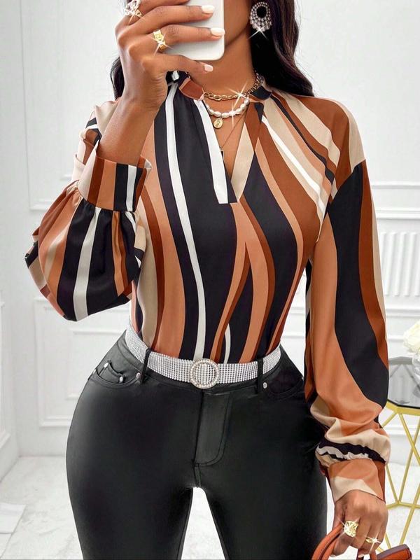 Women's All Over Print Notched Neck Blouse, Elegant Drop Shoulder Long Sleeve Top for Spring & Fall, Women's Clothing for Daily Wear