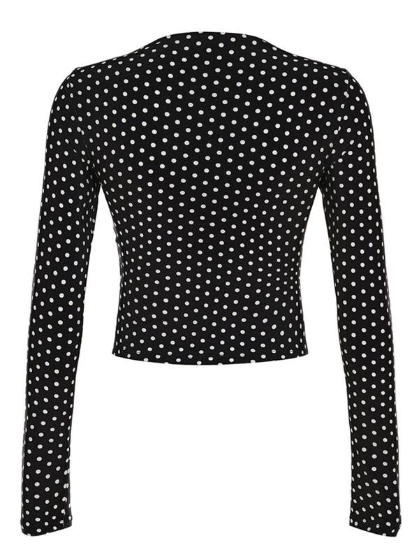 Women's Polka Dot Print Off Shoulder Sheer Top, Casual Long Sleeve Crew Neck T-shirt for Fall & Winter, Women's Clothing for Daily Wear