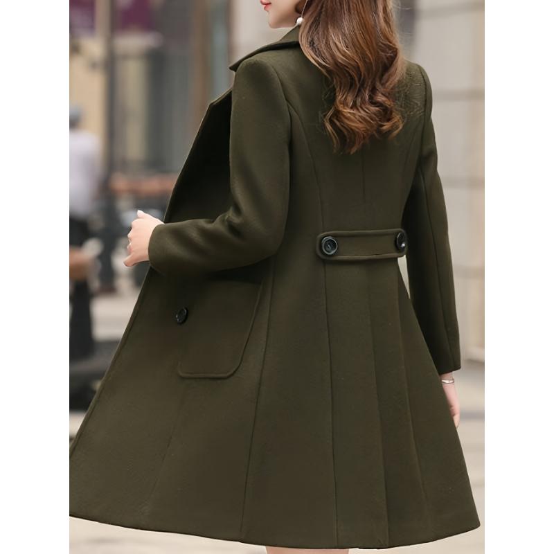 Double Breasted Lapel Longline Jacket, Elegant Long Sleeve Pockets Overcoat For Fall & Winter, Women's Clothing Cotton Fabric Outerwear Basic