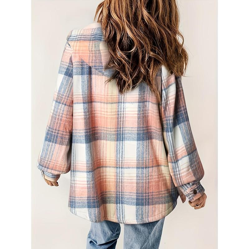 Long Sleeve Warm Plaid Pattern Zip Up Casual Hooded Jacket, Women's Clothing