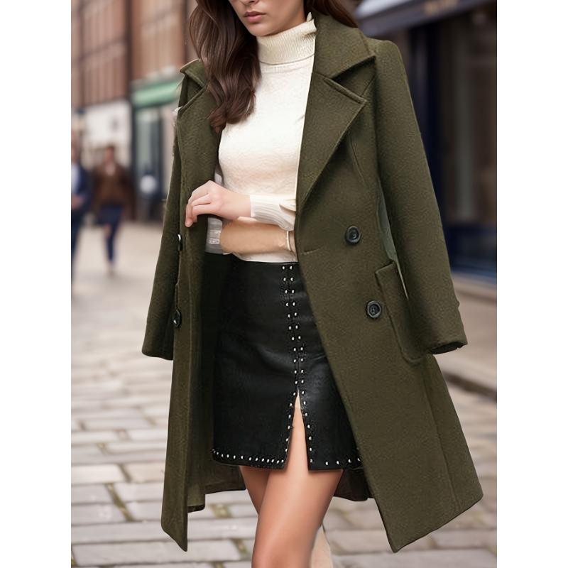 Double Breasted Lapel Longline Jacket, Elegant Long Sleeve Pockets Overcoat For Fall & Winter, Women's Clothing Cotton Fabric Outerwear Basic