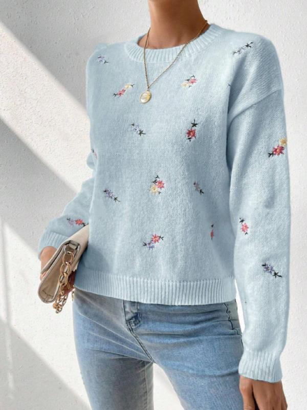 Women's Floral Embroidery Drop Shoulder Sweater,  Vintage Clothing,  Casual Long Sleeve Round Neck Jumper, Ladies' Knitwear for Daily Wear