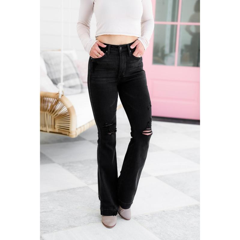 Judy Blue High Rise Black Tummy Control Distressed Flare Jeans