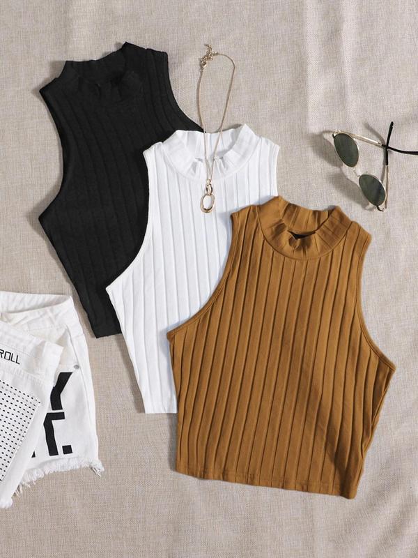 Women's Plain Mock Neck Ribbed Tank Top, Casual Sleeveless Top for Summer, Ladies Clothes for Daily Wear