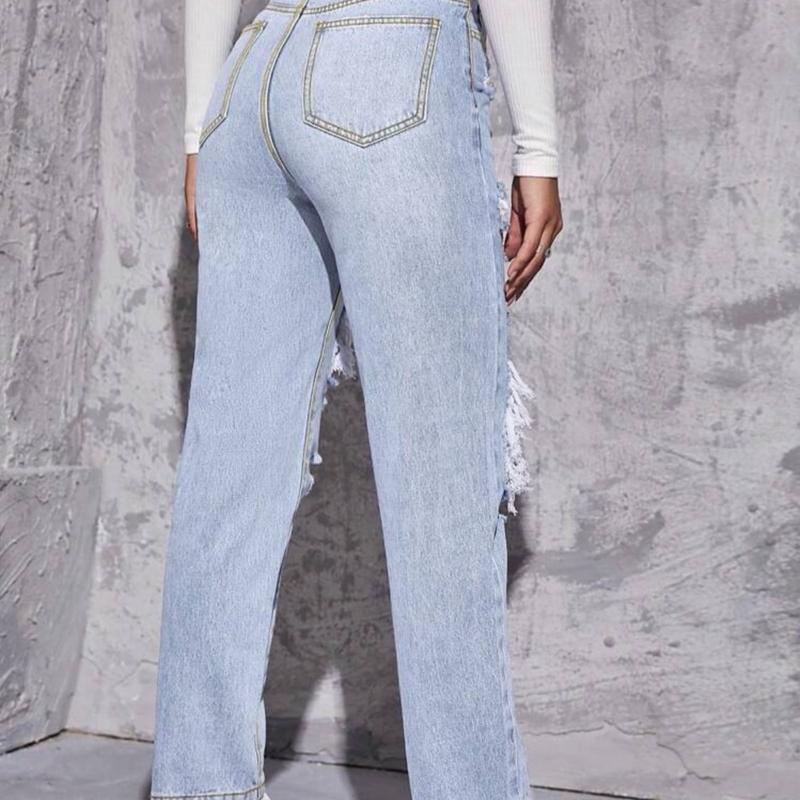 High Waist Straight Leg Ripped Jeans women  Womenswear Trouser Pants Denim Bottom trendy jean