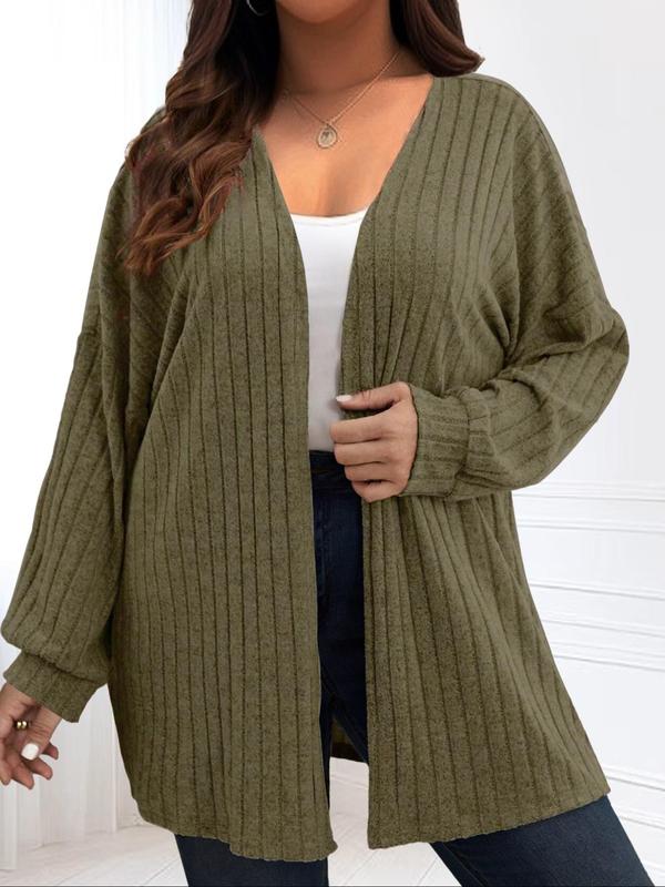  Solid Drop Shoulder Long Sleeve Cardigan, Casual Open Front Rib Cardigan for Fall & Winter, Women's Plus Clothing for Daily Wear