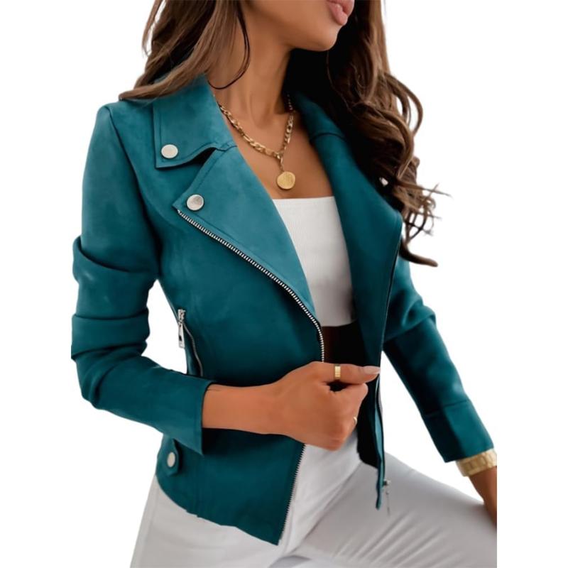 Women's Faux Suede Jacket Zipper Motorcycle Biker Jacket Lightweight Bomber Jacket Long Sleeve Slim with Pockets Short Jacket Leather Velvet Zipper Button Decoration Slim Casual Jacket