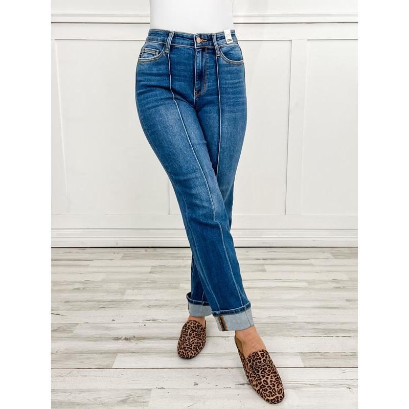 Judy Blue BETTER THAN REVENGE Hi-Rise Seam Detail and Cuffed Straight Jeans