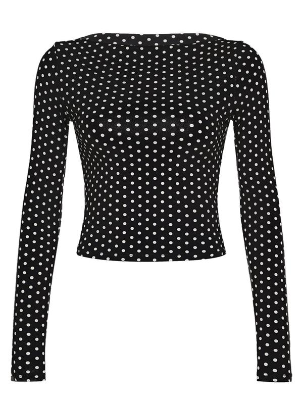 Women's Polka Dot Print Off Shoulder Sheer Top, Casual Long Sleeve Crew Neck T-shirt for Fall & Winter, Women's Clothing for Daily Wear