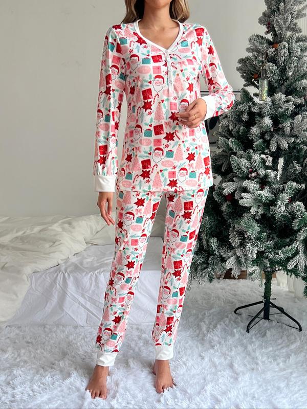 Women's Christmas Print Button Front Lounge Set, Casual Comfortable Long Sleeve Top & Elastic Waist Pants Loungewear Set, Ladies Sleepwear for Spring & Fall