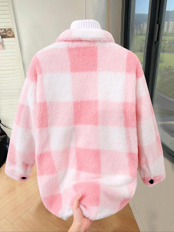 Women's Plaid Print Button Front Fleece Jacket, Casual Drop Shoulder Long Sleeve Collared Outerwear for Fall & Winter, Ladies Clothes for Daily Wear