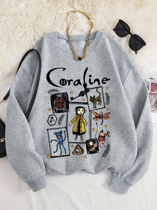 Women's Cartoon Coraline Graphic Print Crew Neck Sweatshirt, Casual Long Sleeve Pullover, Women's Fall & Winter Clothes for Daily Wear