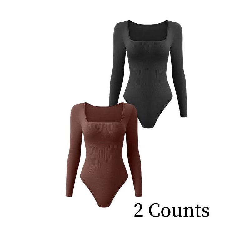 Women's Solid Square Neck Long Sleeve Shapewear Bodysuit, Casual Comfy Tummy Control Shaper for Daily Wear, Ladies Shapewear for All Seasons yoga  outfits