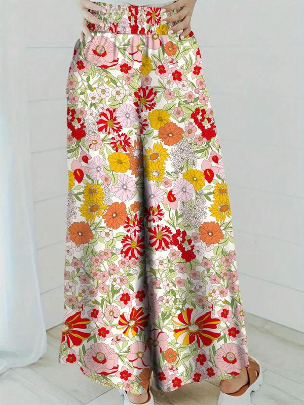  Floral Print Shirred Wide Leg Vintage Pants, Boho Casual High Waist Trousers for Women for Daily Holiday Vacation Wear, Summer Outfits, Pants for Women, Women's Bottoms for Summer