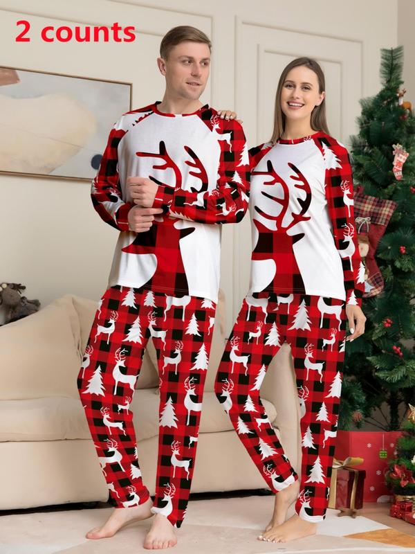 Christmas Themed Cartoon Print Pajamas Two-piece Set, Casual Comfortable Long Sleeve Top & Elastic Waist Pants Pajama Set, Men & Women's Sleepwear for Spring & Fall