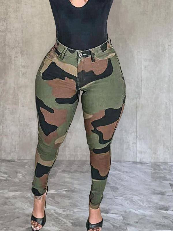 Women's Camo Print Button Fly Skinny Pants, Casual Pocket Design Trousers for Daily Wear, Ladies Bottoms for Fall & Winter