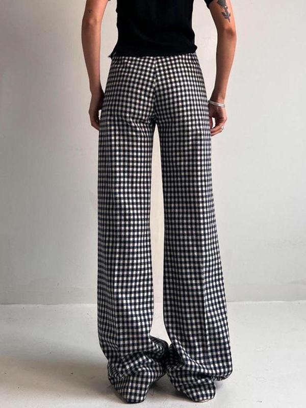 Women's Plaid Print Button Fly Wide Leg Pants, Casual Comfy Pocket Design Trousers for Daily Wear, Ladies Bottoms for All Seasons