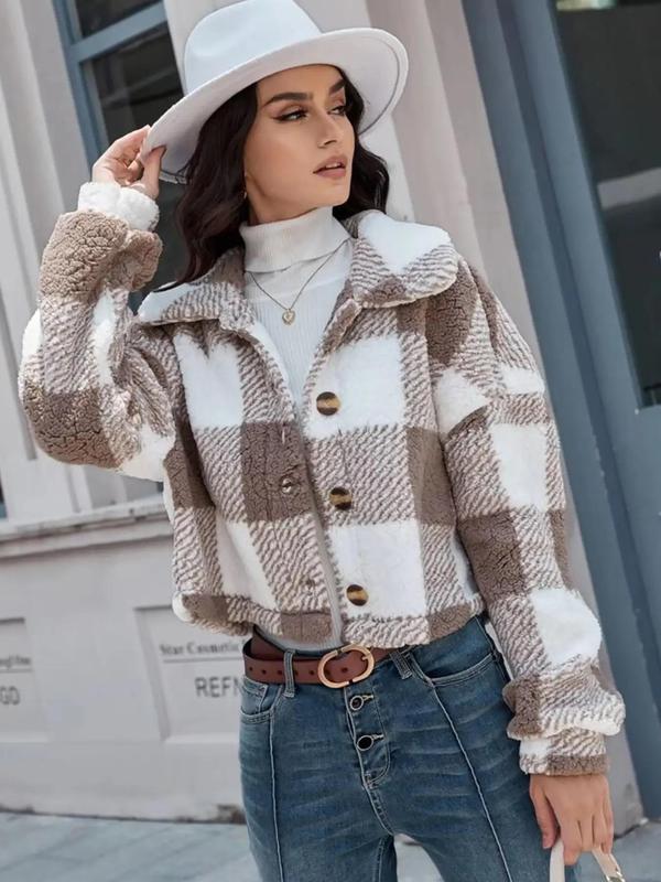 Women's Plaid Print Button Front Drop Shoulder Plush Coat, Fashion Comfortable Lady Jackets, Thickened Warm Casual Long Sleeve Collared Outerwear for Fall & Winter Womenswear, Fall Clothes, Downtown Girl Clothes, Halloween, Halloween Costume