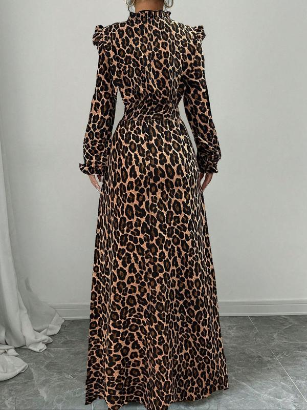 Women's Leopard Print Ruffle Trim Tie Neck A Line Dress, Elegant Long Sleeve Dress for Spring & Fall, Women's Clothing for Daily Wear