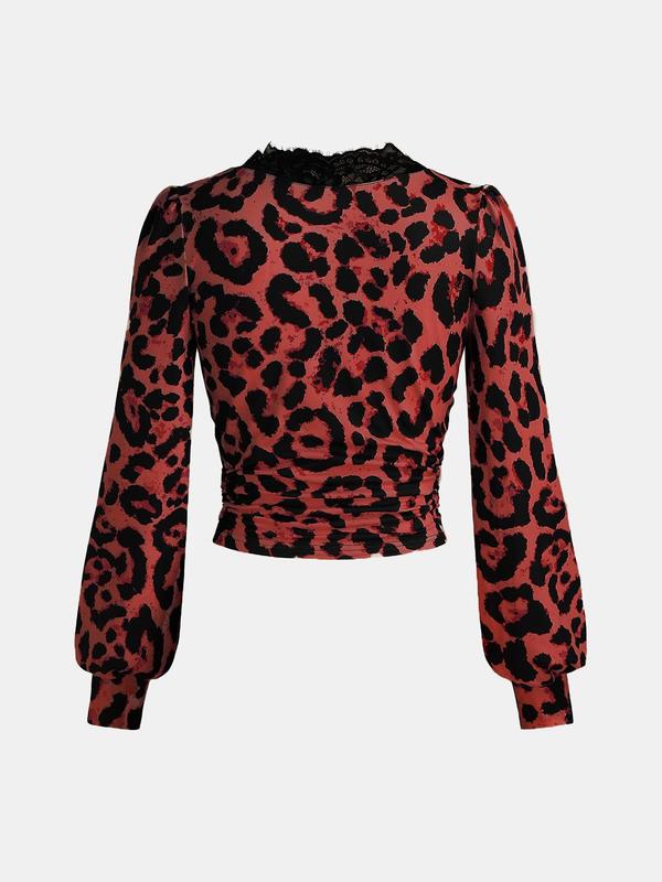 YOZY Women's Leopard Print Contrast Lace Scallop Trim Ruched Tee, Elegant Bishop Sleeve Deep V Neck Top for Fall & Winter, Women's Clothing for Daily Wear