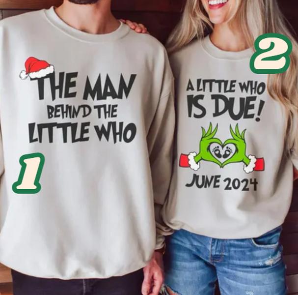 Personalized A Little Who Is Due Couple Sweatshirt, Mommy To Be Shirt, New Dad Shirt, Christmas Pregnancy Reveal Shirt, Christmas Maternity Sweatshirt, Baby Reveal Xmas Party Shirt