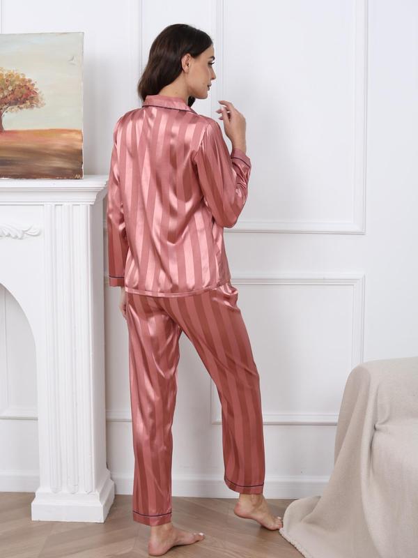 Two-piece Set Women's Satin Pyjama Set, Contrast Binding Button Front Shirts & Elastic Waist Pants, Women's Sleepwear for Spring & Fall, Pj Sets for Women, Women's 2 Piece Sets, Fall Wear 2024