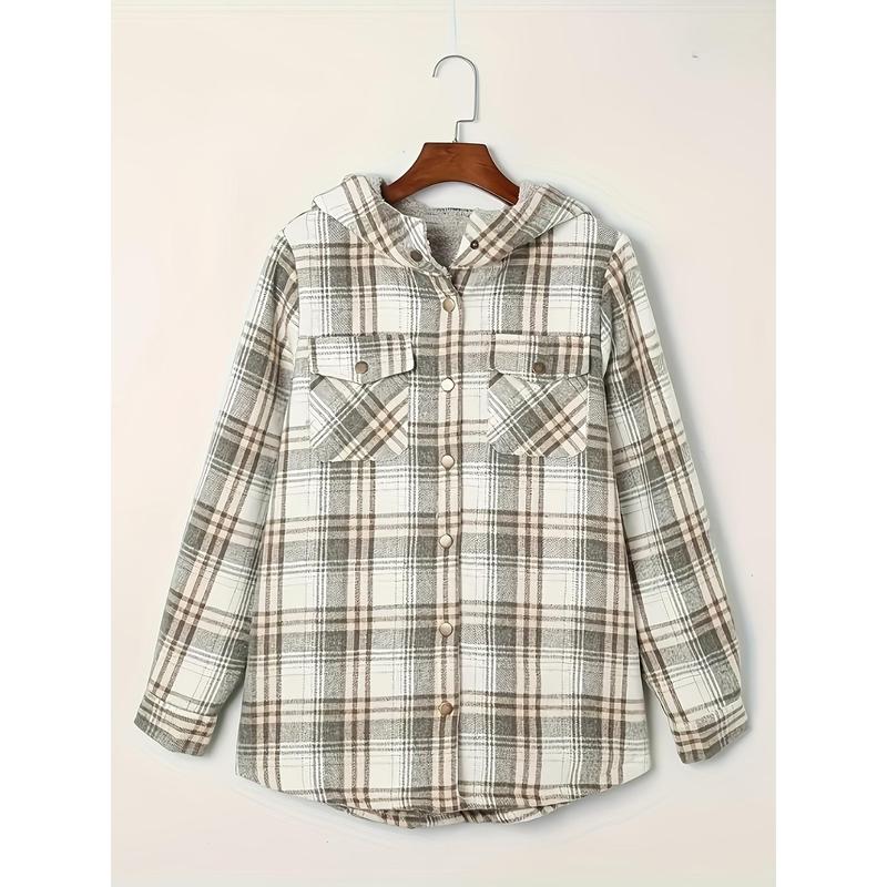 Long Sleeve Warm Plaid Pattern Zip Up Casual Hooded Jacket, Women's Clothing