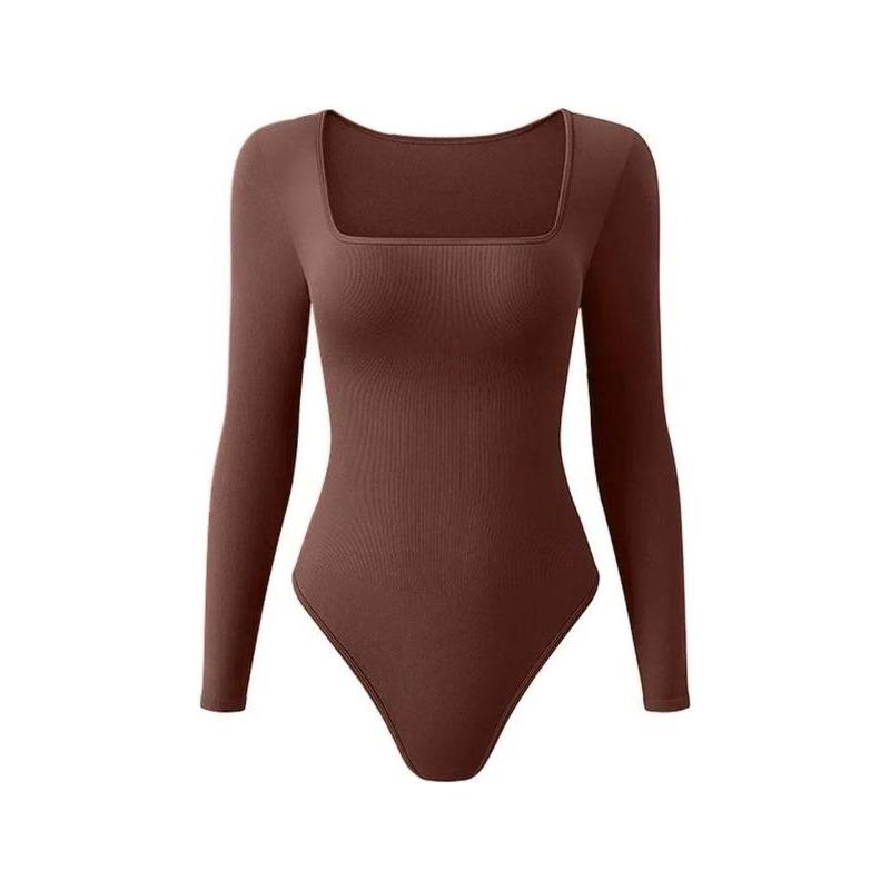 Women's Solid Square Neck Long Sleeve Shapewear Bodysuit, Casual Comfy Tummy Control Shaper for Daily Wear, Ladies Shapewear for All Seasons yoga  outfits