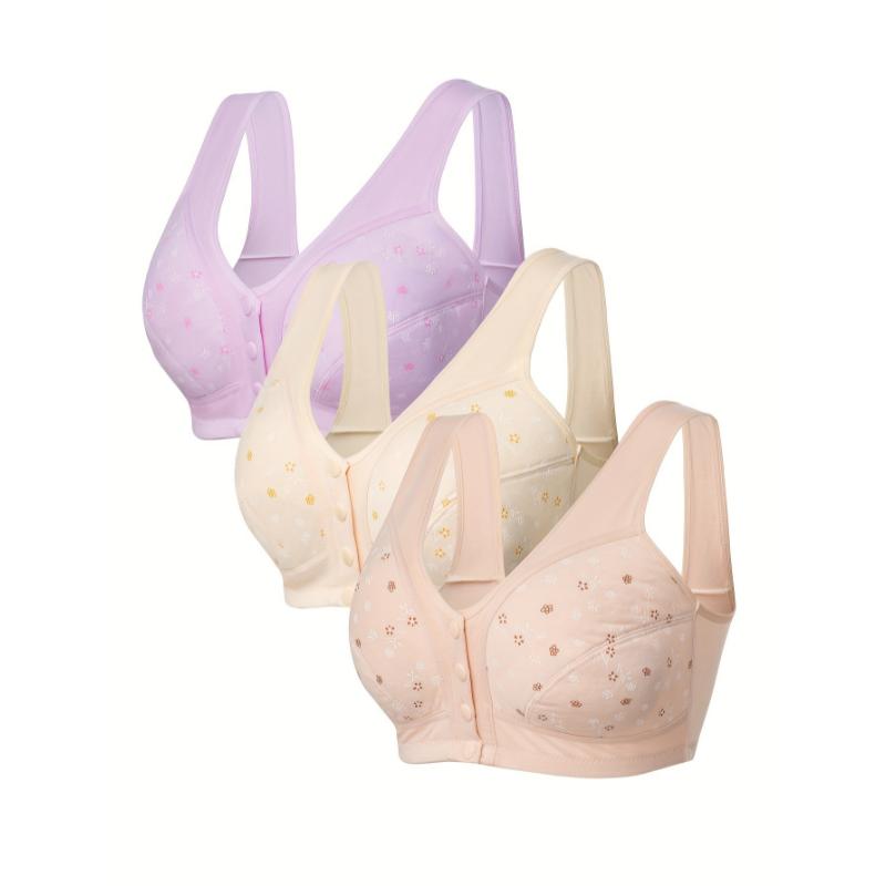 3 Pack Plus Size Elegant Bra Set, Women's Plus Floral Print Closure Front Comfort Bralette 3 Piece Set