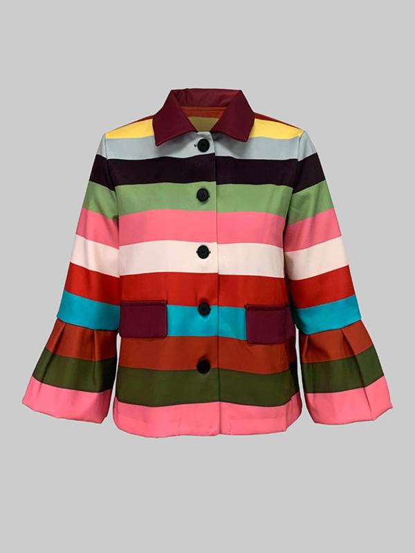 Women's Colorblock Striped Print Button Front Ruffle Trim Jacket, Casual Flounce Sleeve Collared Outerwear for Fall & Winter, Ladies Clothes for Daily Wear