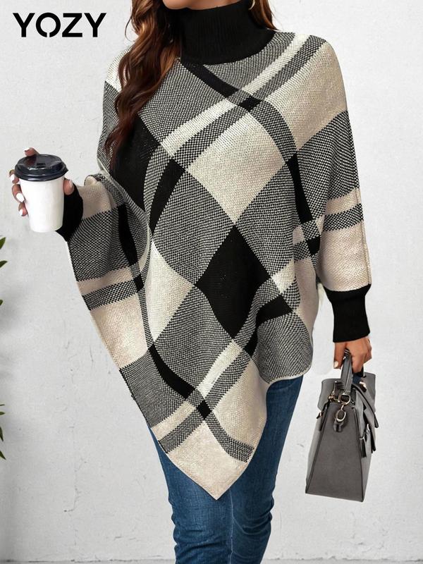 YOZY Women's Plaid Print Batwing Sleeve Split Sweater, Casual Asymmetrical Hem High Neck Long Sleeve Jumper for Fall & Winter, Fashion Ladies' Knitwear for Daily Wear