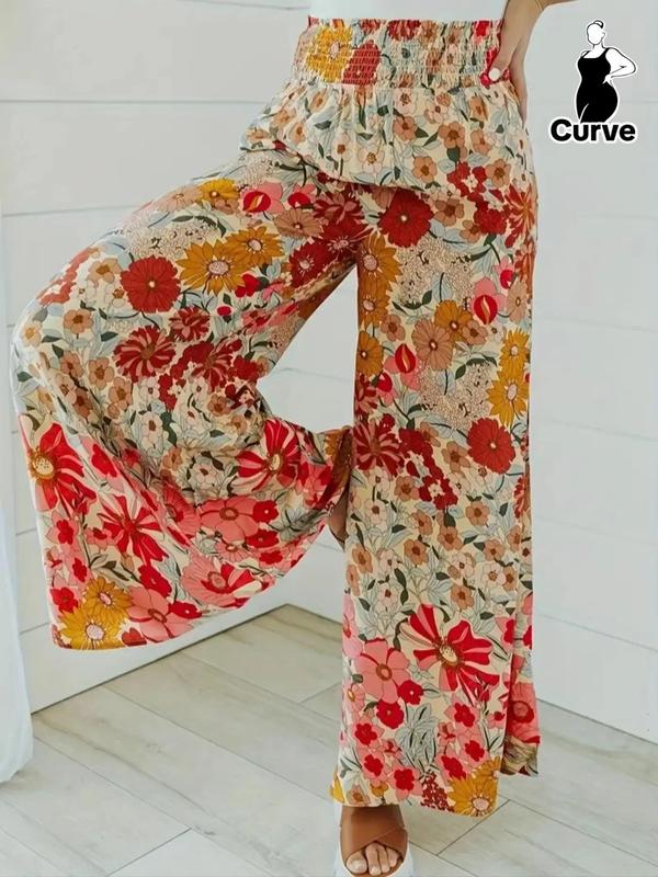  Floral Print Shirred Wide Leg Vintage Pants, Boho Casual High Waist Trousers for Women for Daily Holiday Vacation Wear, Summer Outfits, Pants for Women, Women's Bottoms for Summer