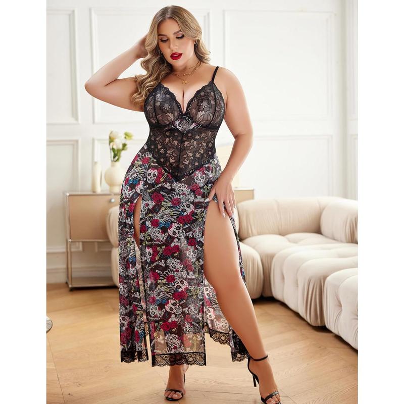 Plus Size Lingerie For Women Babydoll Sexy Mesh Maxi Nightdress Strappy Exotic Sleepwear Side Slits