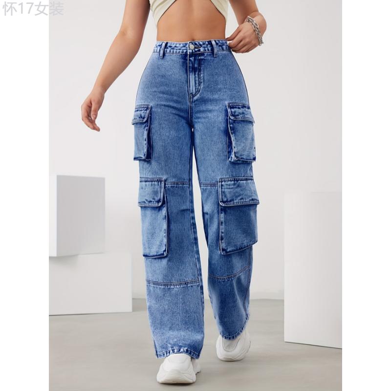 Womens High Waist Loose Fit Denim Cargo Pants - Stylish & Comfortable with Practical Multi-Pockets for Everyday Fashion Cotton Jean