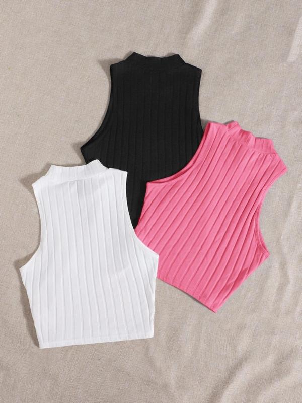 Women's Plain Mock Neck Ribbed Tank Top, Casual Sleeveless Top for Summer, Ladies Clothes for Daily Wear