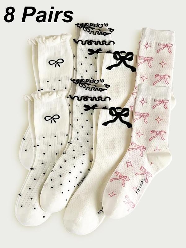 Women's Polka Dot Print Lettuce Trim Mid-Calf Socks, Casual Soft Comfy Breathable Bow Print Crew Socks for Daily Wear, Women's Socks for All Seasons