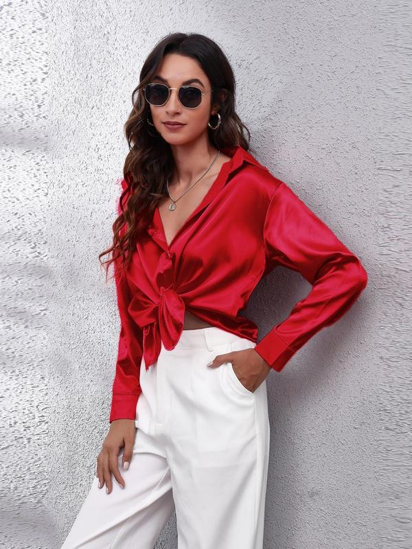 Women's Solid Button Front Satin Shirt, Elegant Long Sleeve Collared Blouse Top for Spring & Fall, Ladies Clothes for Daily Wear, Fall Outfits, Fallfreshness