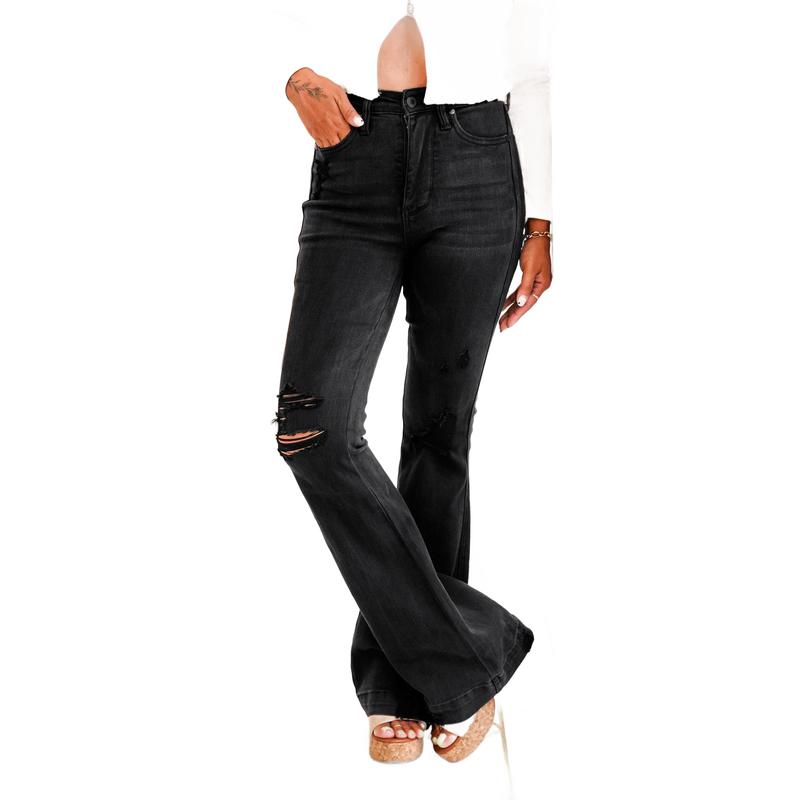 Judy Blue High Rise Black Tummy Control Distressed Flare Jeans