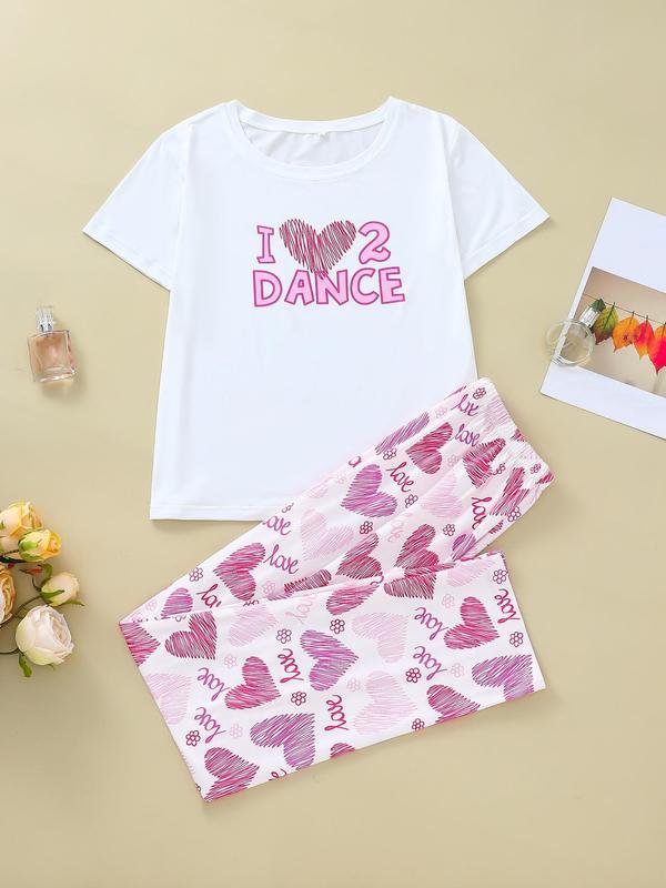 Two-Piece Set Women's Heart Print Short Sleeve Tee & Plaid Print Pants Pyjama Set, Letter Print Round Neck T-Shirt & Elastic Waist Trousers PJ Set, Casual Comfy Sleepwear Set for Women