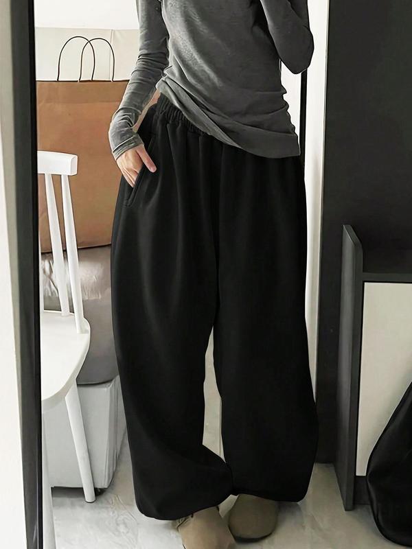 Women's Solid Pocket Elastic Waist Wide Leg Pants, Casual Comfy Trousers for Daily Wear, Ladies Bottoms for All Seasons