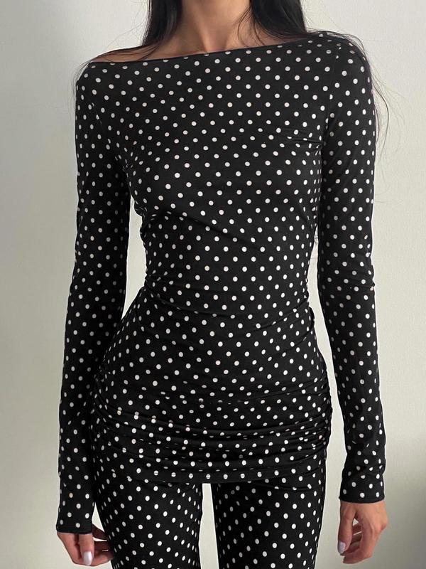 Women's Polka Dot Print Off Shoulder Sheer Top, Casual Long Sleeve Crew Neck T-shirt for Fall & Winter, Women's Clothing for Daily Wear