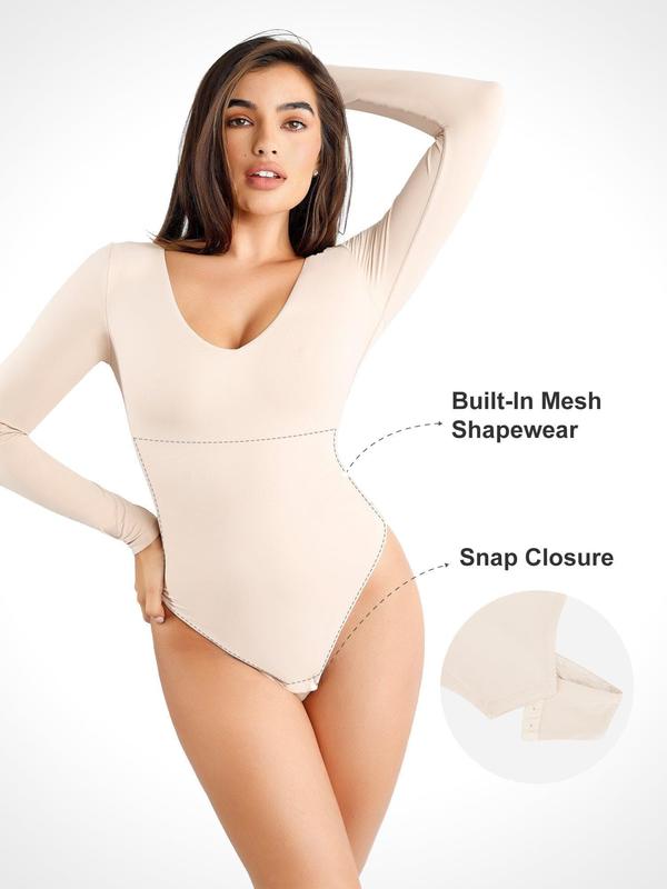 Popilush The Shapewear Bodysui CloudSense Seamless V-Neck Long-Sleeve Bodysuits Fabric Mesh Tops